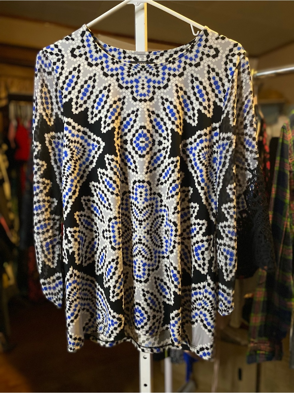 Alfani Black, White & Blue Geometric Polka Dot Long Sleeve Blouse